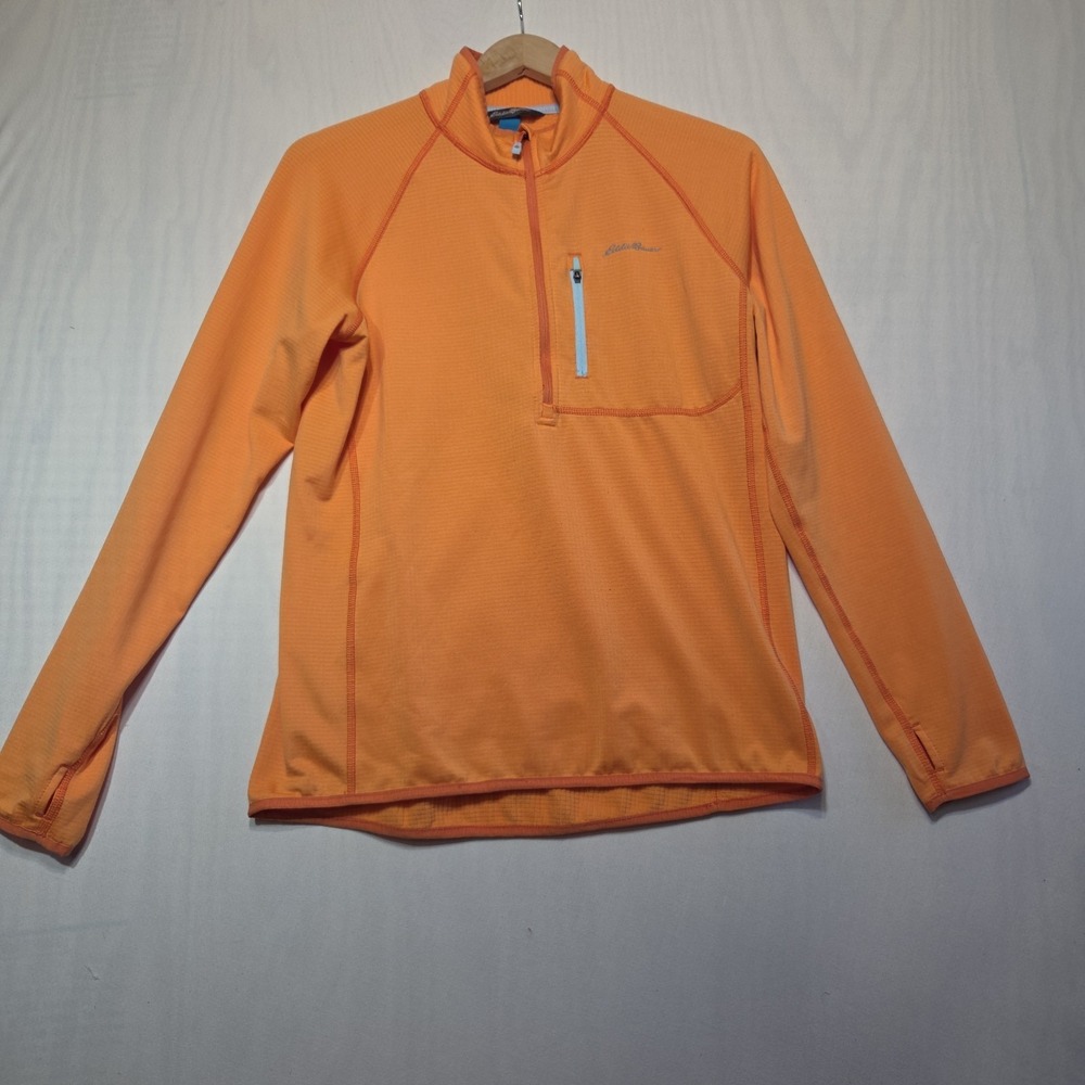 Eddie Bauer FreeHeat‎ Women's M Orange 1/4 Zip Pullover Thumb Holes Chest Pocket